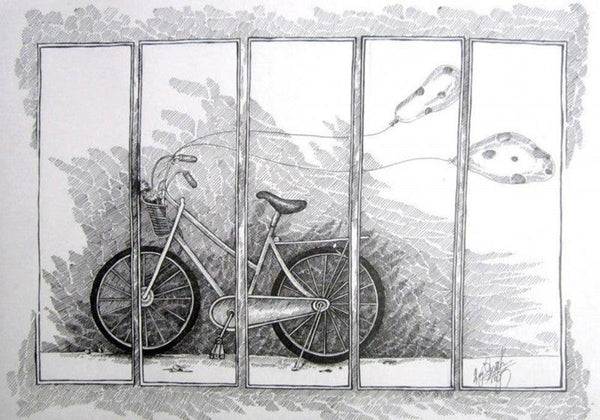 Still-life pen ink painting titled 'Mari Cycle', 24x36 inches, by artist Raj Nandini R on Canvas