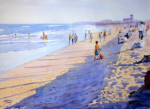 Seascape watercolor painting titled 'Marina Beach Chennai', 20x15 inches, by artist Ramesh Jhawar on Paper