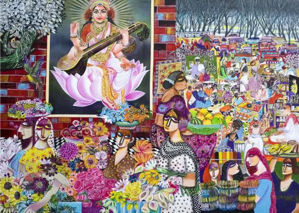 Religious acrylic painting titled 'Market', 60x84 inches, by artist Arun K Mishra on Canvas