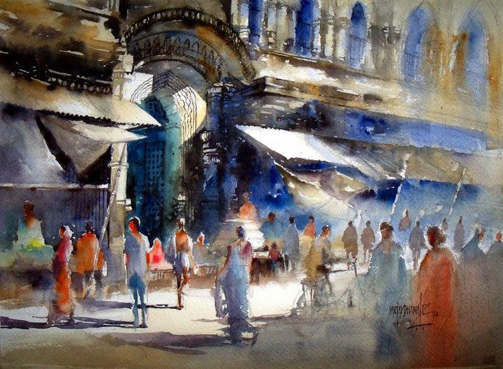 Cityscape watercolor painting titled 'Market at puri', 22x30 inches, by artist Sanjay Dhawale on Handmade Paper