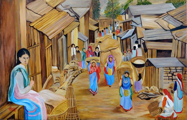 Landscape oil painting titled 'Market Scene', 29x45 inches, by artist Ajay Harit on Canvas