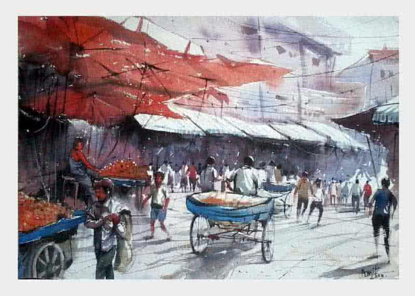 Landscape watercolor painting titled 'Market Secnic ', 22x15 inches, by artist Amit Kapoor on Handmade Paper