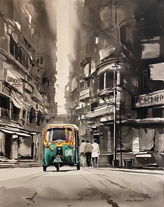 Cityscape acrylic painting titled 'Market view Calcutta', 40x30 inches, by artist Arpan Bhowmik on Canvas