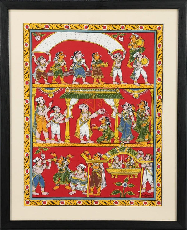 Folk Art cheriyal traditional art titled 'Marriage scene', 19x15 inches, by artist Kalaviti Arts on Cloth