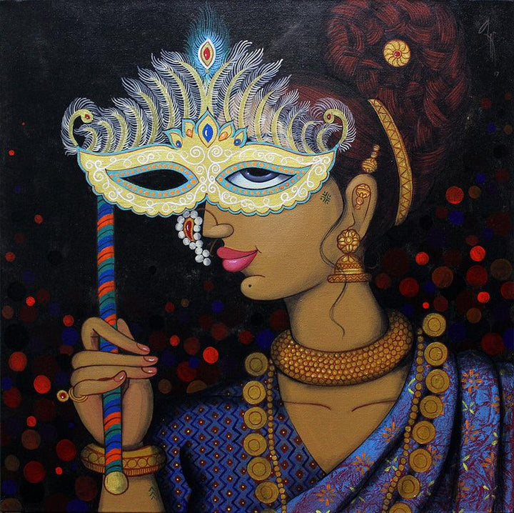 Figurative acrylic painting titled 'Mask 1', 24x24 inches, by artist Varsha Kharatamal on Canvas