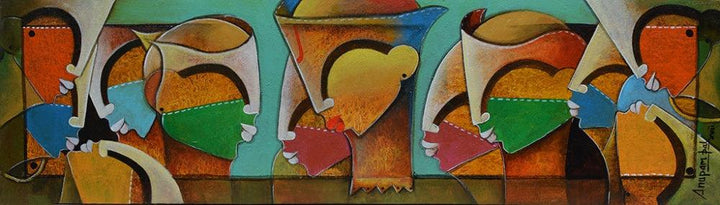 contemporary acrylic painting titled 'Mask', 12x42 inches, by artist Anupam Pal on canvas