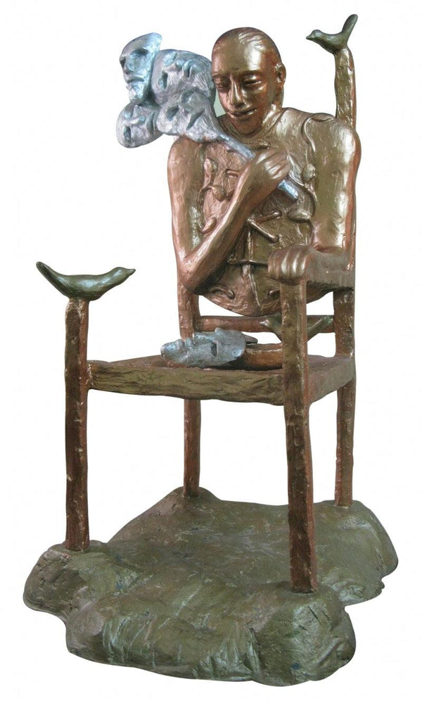 Figurative sculpture titled 'Mask Seller 2', 40x22x22 inches, by artist Asurvedh Ved on Bronze