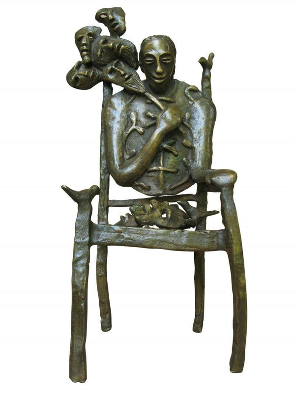 Figurative sculpture titled 'Mask Seller', 14x7x6 inches, by artist Asurvedh Ved on Bronze
