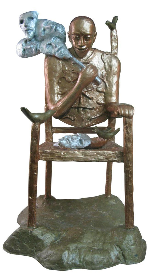 Figurative sculpture titled 'Mask Seller II', 40x22x22 inches, by artist Asurvedh Ved on Fiber Glass