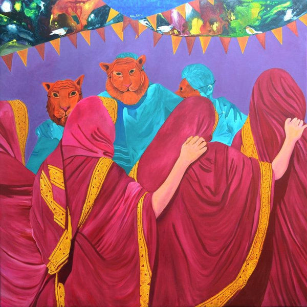 Fantasy acrylic painting titled 'Masked', 60x60 inches, by artist Gayatri Artist on Canvas