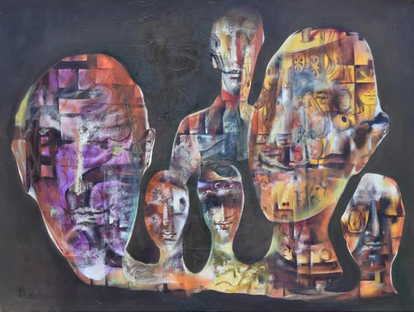 Expressionist oil painting titled 'Masks', 48x36 inches, by artist Durshit Bhaskar on Canvas