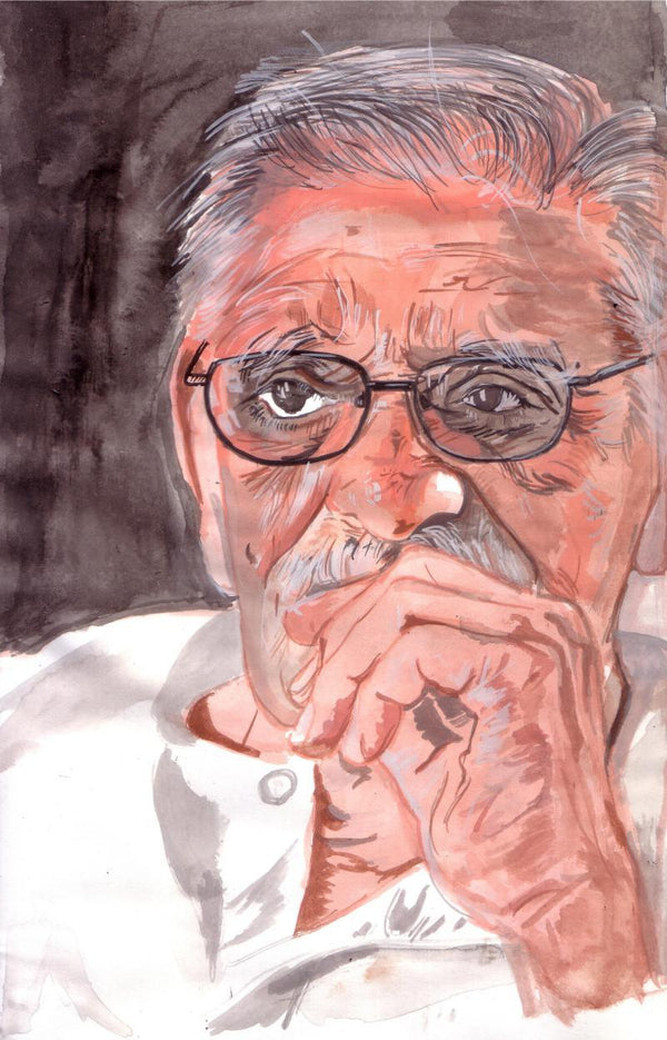 Photorealistic watercolor painting titled 'Master wordsmith Gulzar', 16x11 inches, by artist Saurabh Turakhia on Paper