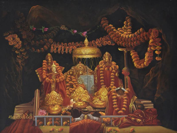 Religious oil painting titled 'Mata Vaishno Devi', 48x36 inches, by artist Kamal Rao on Canvas