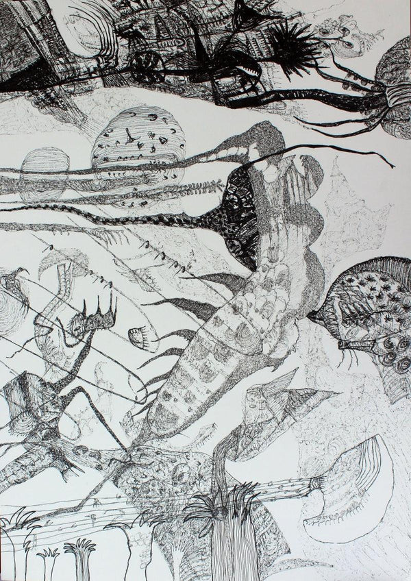 contemporary pen drawing titled 'Material World', 17x12 inches, by artist Rachana Shah on Brustro Paper