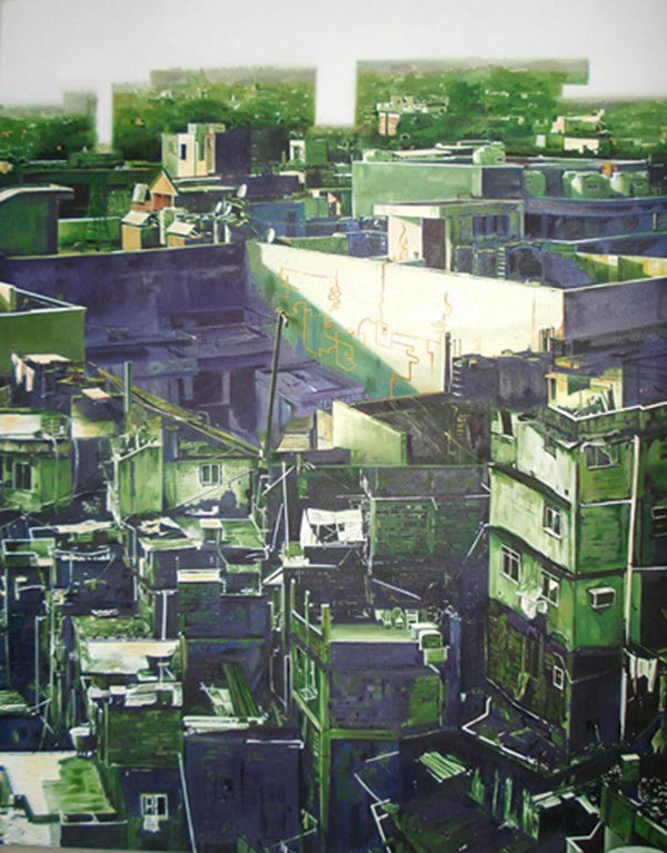 Cityscape oil painting titled 'Materialistic World', 60x48 inches, by artist Bhartti Verma on Canvas