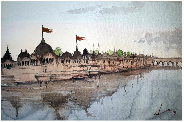 Cityscape watercolor painting titled 'Mathura', 7x11 inches, by artist Arunava Ray on Paper