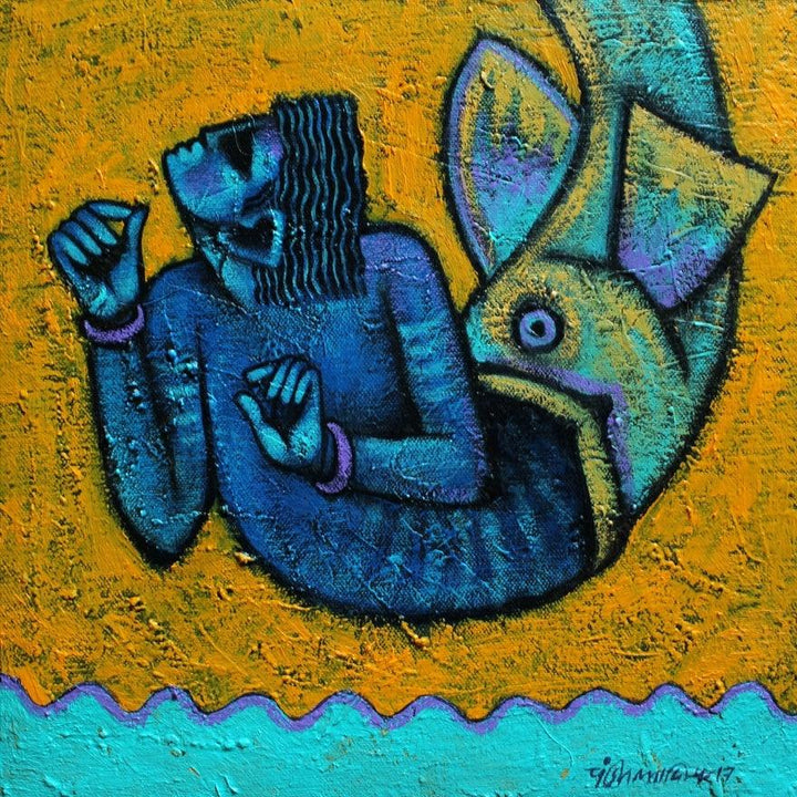 Figurative acrylic painting titled 'Matsya avatar', 12x12 inches, by artist Aditya Pandit on Canvas