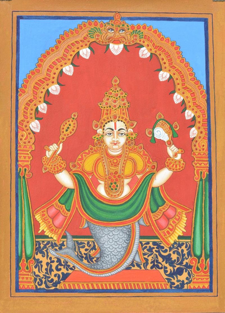 Religious mysore traditional art titled 'Matsya Avatara', 15x11 inches, by artist Radhika Ulluru on Paper