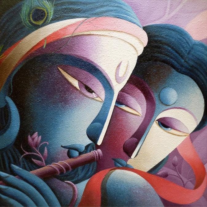 Religious acrylic painting titled 'Mayavi 1', 30x30 inches, by artist Dhananjay Mukherjee on Canvas