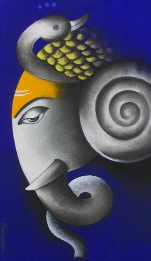 Religious mixed media painting titled 'Mayuresh Ganesha', 18x12 inches, by artist Somnath Bothe on Canvas