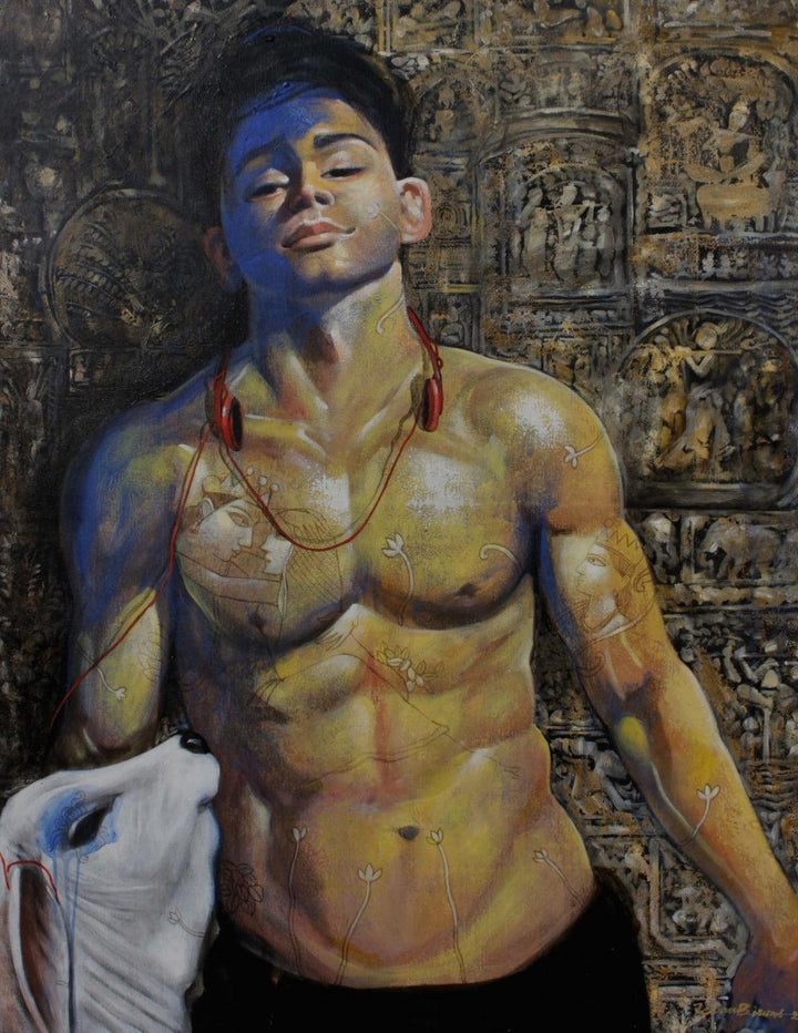 Figurative acrylic painting titled 'Me 2', 48x36 inches, by artist Jiban Biswas on Canvas