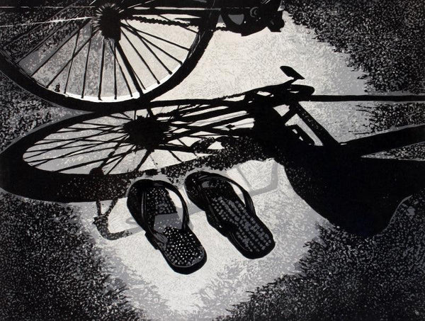 Still-life printmaking titled 'Me And My Friends Slipper', 11x15 inches, by artist Attri Chetan on Woodcut