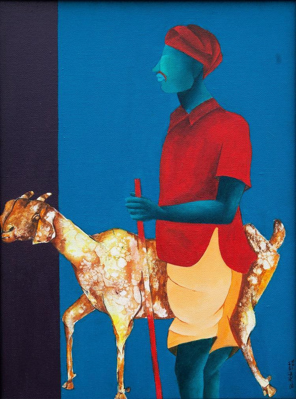 Figurative acrylic painting titled 'Me And My Goat', 16x12 inches, by artist Abhiram Bairu on Canvas