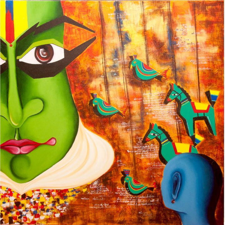 Figurative acrylic painting titled 'Me & the mask', 36x36 inches, by artist Deepali Mundra on Canvas