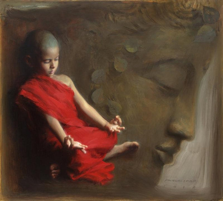 Religious oil painting titled 'Meditated', 30x34 inches, by artist Pramod Kurlekar on Linen