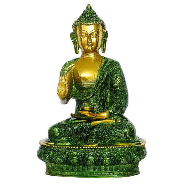 Religious handicraft titled 'Meditating Blessing Buddha 4', 12x8x5 inches, by artist Brass Handicrafts on Brass