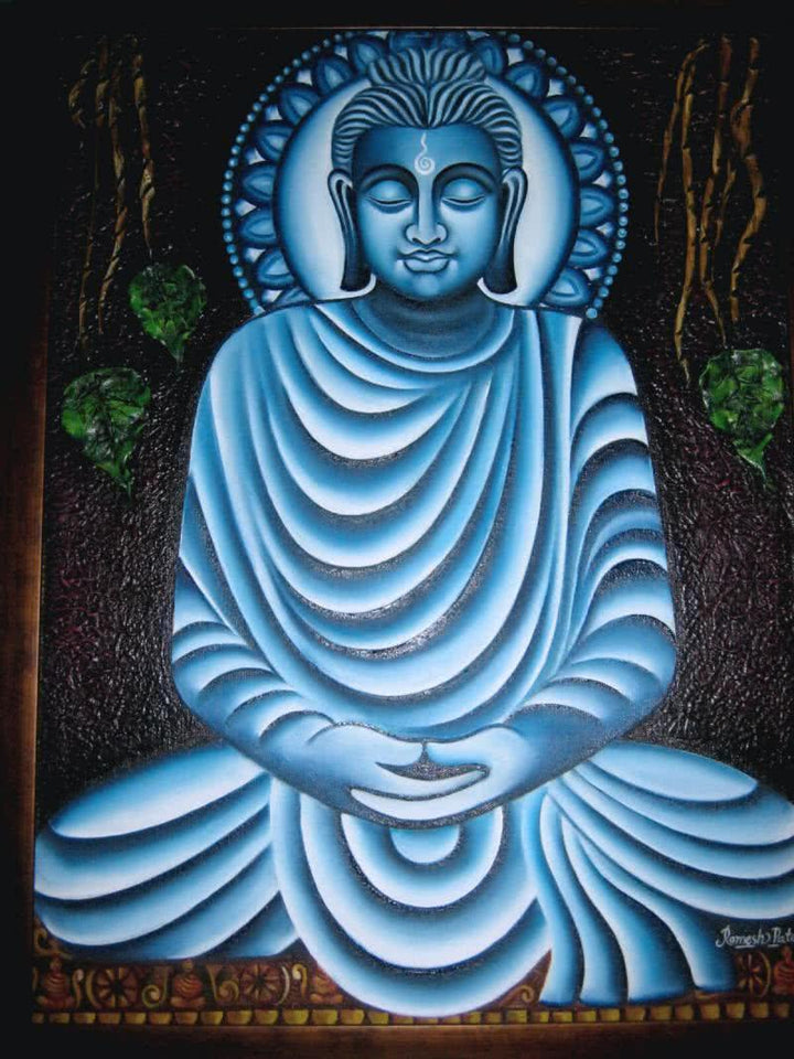 Religious oil painting titled 'Meditating Buddha', 24x18 inches, by artist Ramesh Patel on Canvas