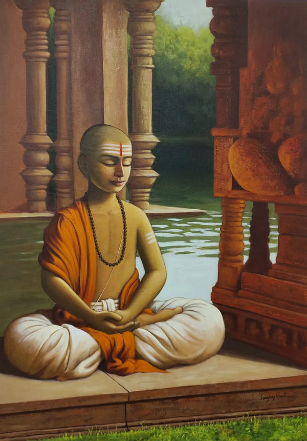 Religious acrylic painting titled 'Meditating Pandit', 42x30 inch, by artist Sanjay Raut on Canvas