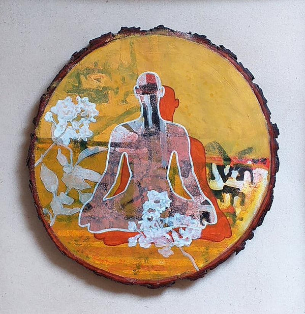 meditation acrylic painting titled 'Meditation 6', 14x14 inches, by artist Raju Sarkar on Wood