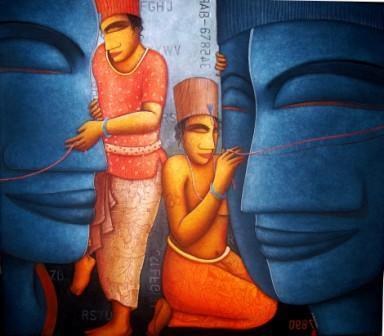 Figurative acrylic painting titled 'Meditation', 42x48 inches, by artist Samir Sarkar on Canvas