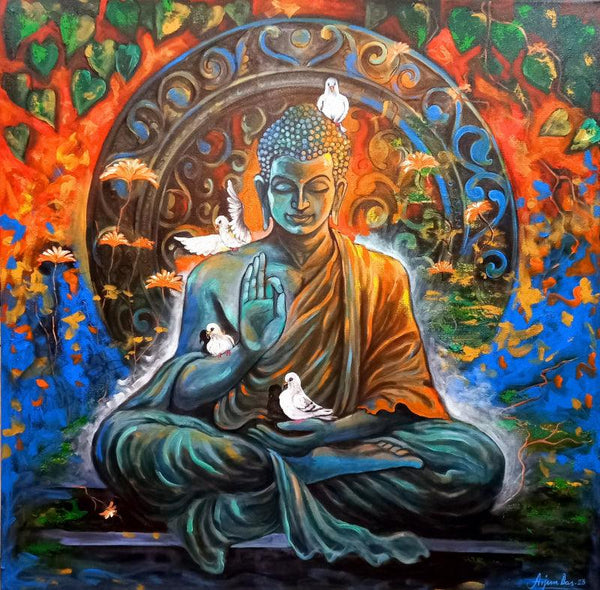 Religious acrylic painting titled 'Meditation Buddha', 48x48 inches, by artist Arjun Das on Canvas