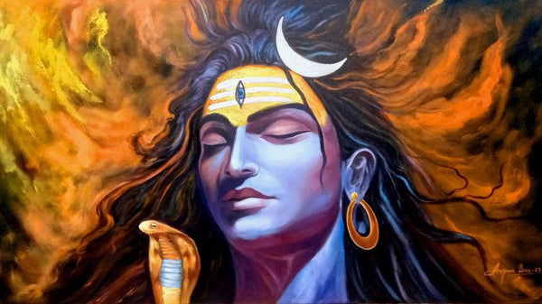 meditation acrylic oil painting titled 'Meditation Shiva', 33x60 inches, by artist Arjun Das on Canvas