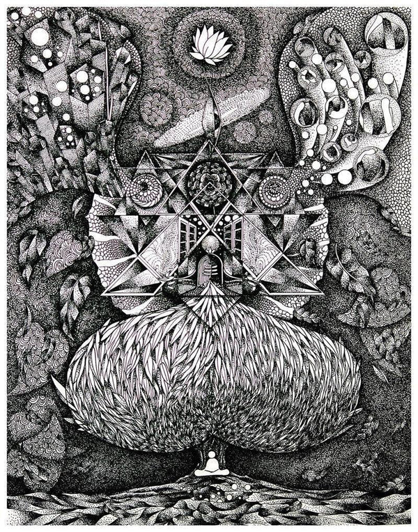 Religious pen ink drawing titled 'Meditation To Lord Shiva', 15x12 inches, by artist V Vasandan on Paper