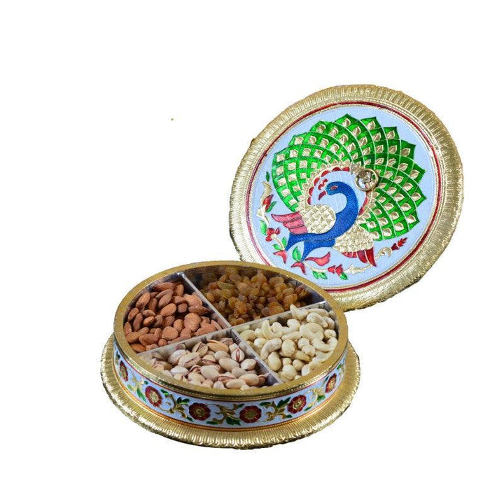 Lifestyle craft titled 'Meenakari Peacock Dry Fruit Container', 3x10x10 inches, by artist E Craft on Metal