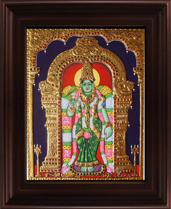 Religious tanjore traditional art titled 'Meenakshi Tanjore Painting', 24x18 inches, by artist Myangadi Tanjore on Plywood