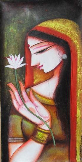 Religious acrylic painting titled 'Meera 1', 24x12 inches, by artist Pradeep Swain on Canvas