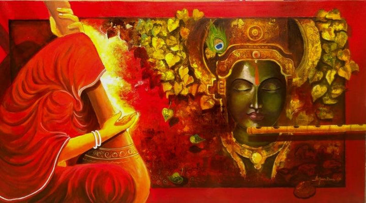 Religious acrylic painting titled 'Meera Ke Krishna 1', 33x60 inches, by artist Arjun Das on canvas