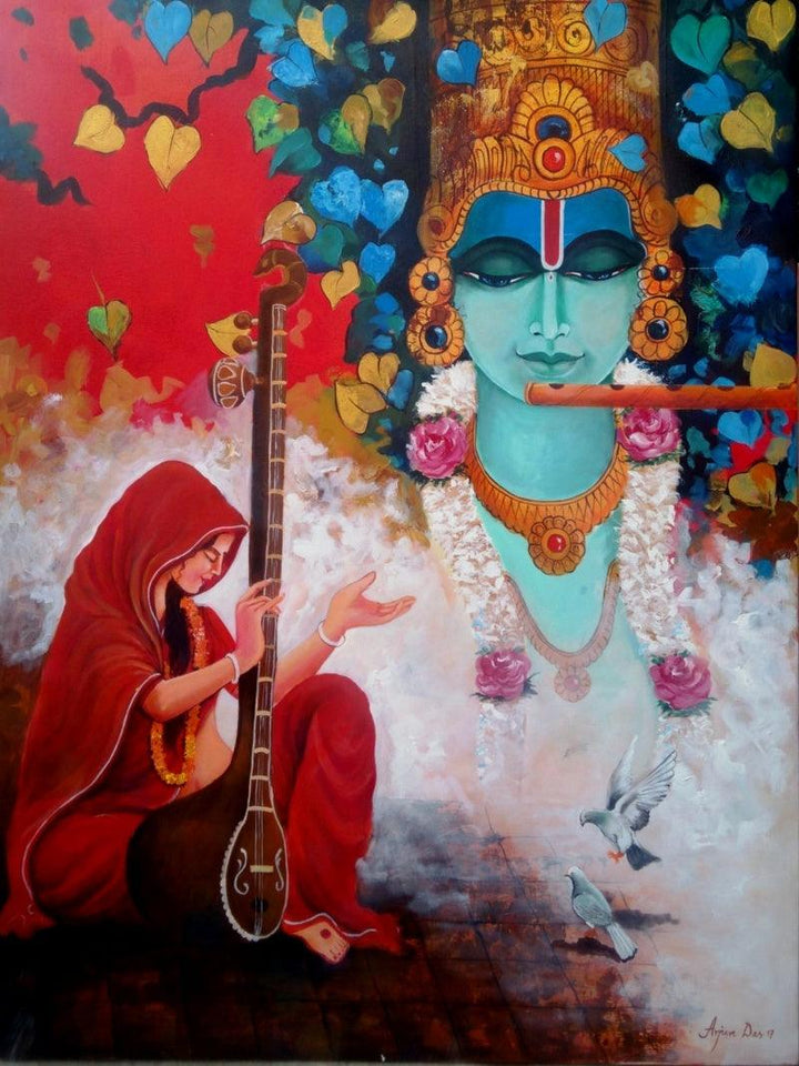 contemporary acrylic painting titled 'Meera Ke Krishna 3', 36x48 inches, by artist Arjun Das on Canvas