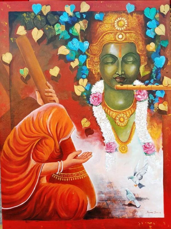 Religious acrylic painting titled 'Meera Ke Krishna 5', 36x48 inches, by artist Arjun Das on Canvas