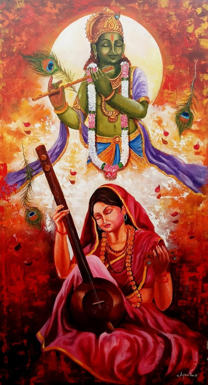 Religious acrylic painting titled 'Meera Ke Krishna 7', 60x33 inches, by artist Arjun Das on Canvas