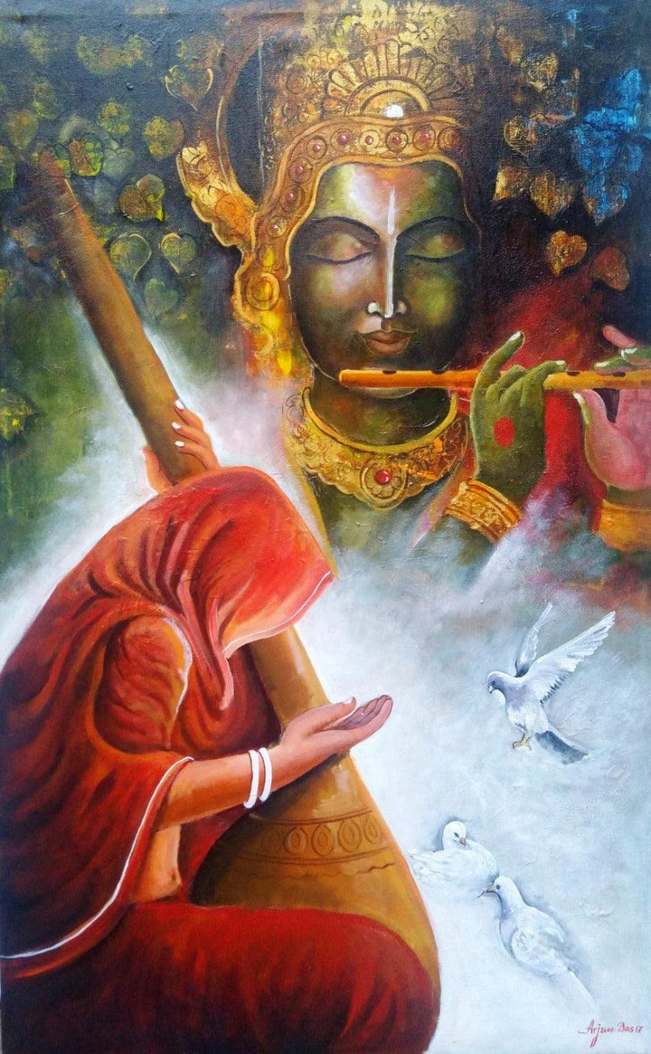 contemporary acrylic painting titled 'Meera Ke Krishna', 48x30 inches, by artist Arjun Das on Canvas