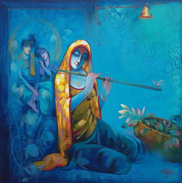 Figurative acrylic painting titled 'Meera With Krishna', 36x36 inches, by artist Ram Onkar on Canvas