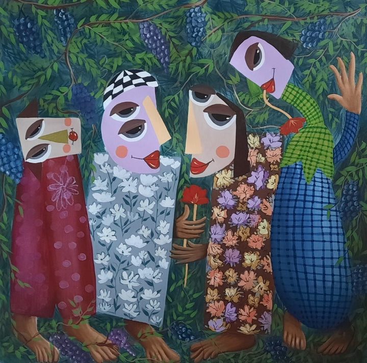 Figurative acrylic painting titled 'Meeting', 38x38 inch, by artist Shehnaz Mansuri on Canvas