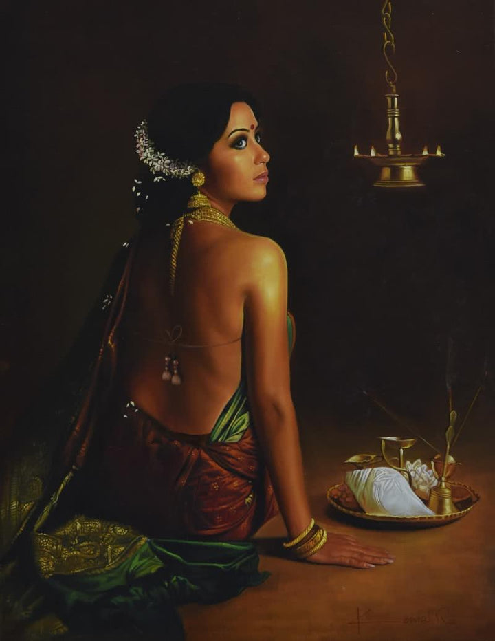 Figurative oil painting titled 'Mehek', 32x42 inches, by artist Kamal Rao on Canvas