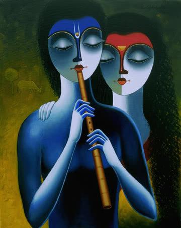 Figurative acrylic painting titled 'Melody II', 30x24 inches, by artist Santosh Chattopadhyay on Canvas