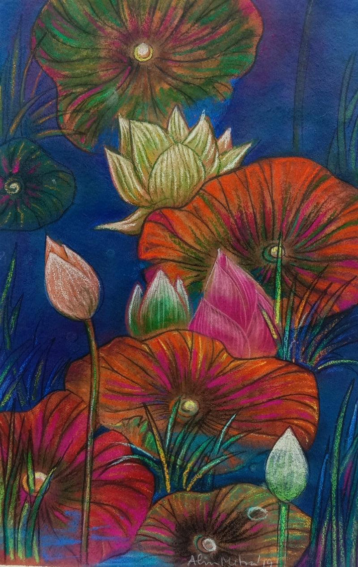 Nature mixed media painting titled 'Melody Of Lotus 1', 21x14 inches, by artist Atin Mitra on Paper